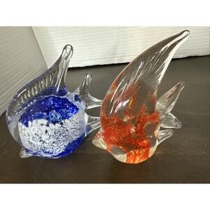Art Glass Angel Fish Hand Blown Paperweight Figurine green Blue & White Orange-2